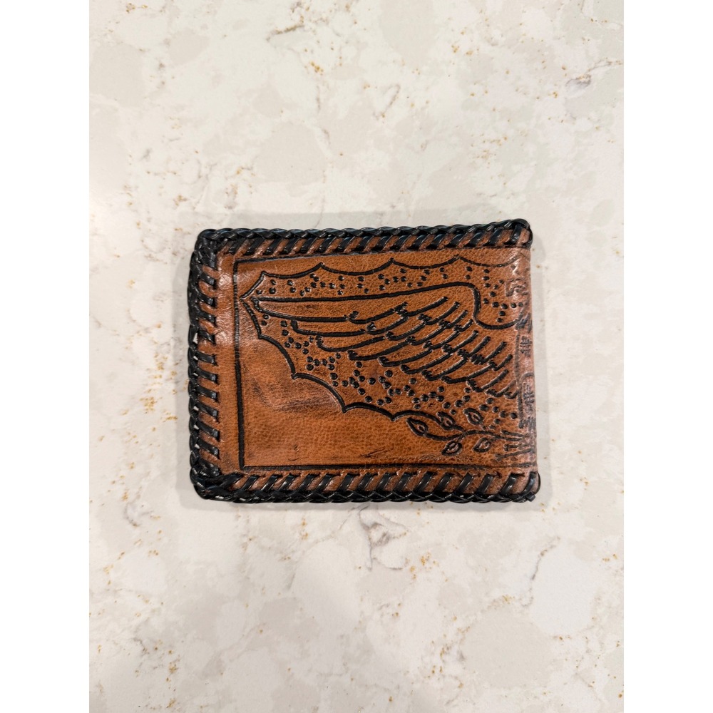 Vintage Hand Tooled Leather Bifold Wallet Eagle Wing Whipstitch Brown Black